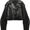 AtelierCuir Womens Faux Leather Cropped Biker Jacket Lapel Zip Up Short Coat With Belt