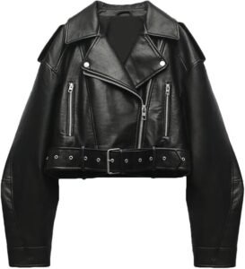 AtelierCuir Womens Faux Leather Cropped Biker Jacket Lapel Zip Up Short Coat With Belt