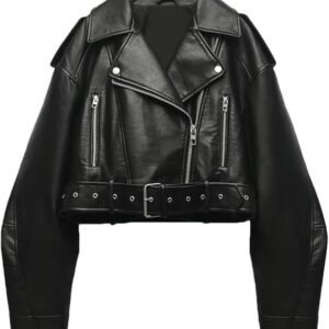 AtelierCuir Womens Faux Leather Cropped Biker Jacket Lapel Zip Up Short Coat With Belt