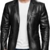 AtelierCuir Mens Casual Faux Leather Blazer Jacket Classic Button Front Coat