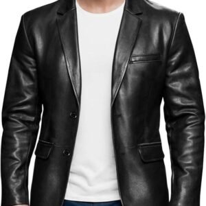 AtelierCuir Mens Casual Faux Leather Blazer Jacket Classic Button Front Coat