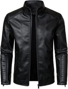 AtelierCuir Men's Faux Leather Motorcycle Jacket with Stand Collar