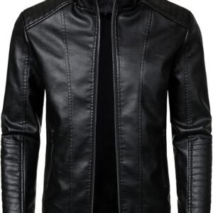 AtelierCuir Men's Faux Leather Motorcycle Jacket with Stand Collar