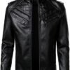 AtelierCuir Mens Faux Leather Motorcycle Jacket Stand Collar Zip Up Biker Coat With Zipper Pockets