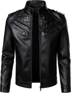 AtelierCuir Mens Faux Leather Motorcycle Jacket Stand Collar Zip Up Biker Coat With Zipper Pockets