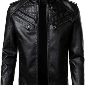 AtelierCuir Mens Faux Leather Motorcycle Jacket Stand Collar Zip Up Biker Coat With Zipper Pockets