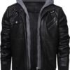 AtelierCuir Mens Casual Stand Collar PU Faux Leather Zip Up Motorcycle Bomber Jacket With Removable Hood