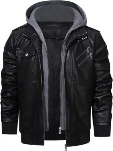 AtelierCuir Mens Casual Stand Collar PU Faux Leather Zip Up Motorcycle Bomber Jacket With Removable Hood