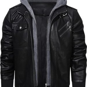 AtelierCuir Mens Casual Stand Collar PU Faux Leather Zip Up Motorcycle Bomber Jacket With Removable Hood